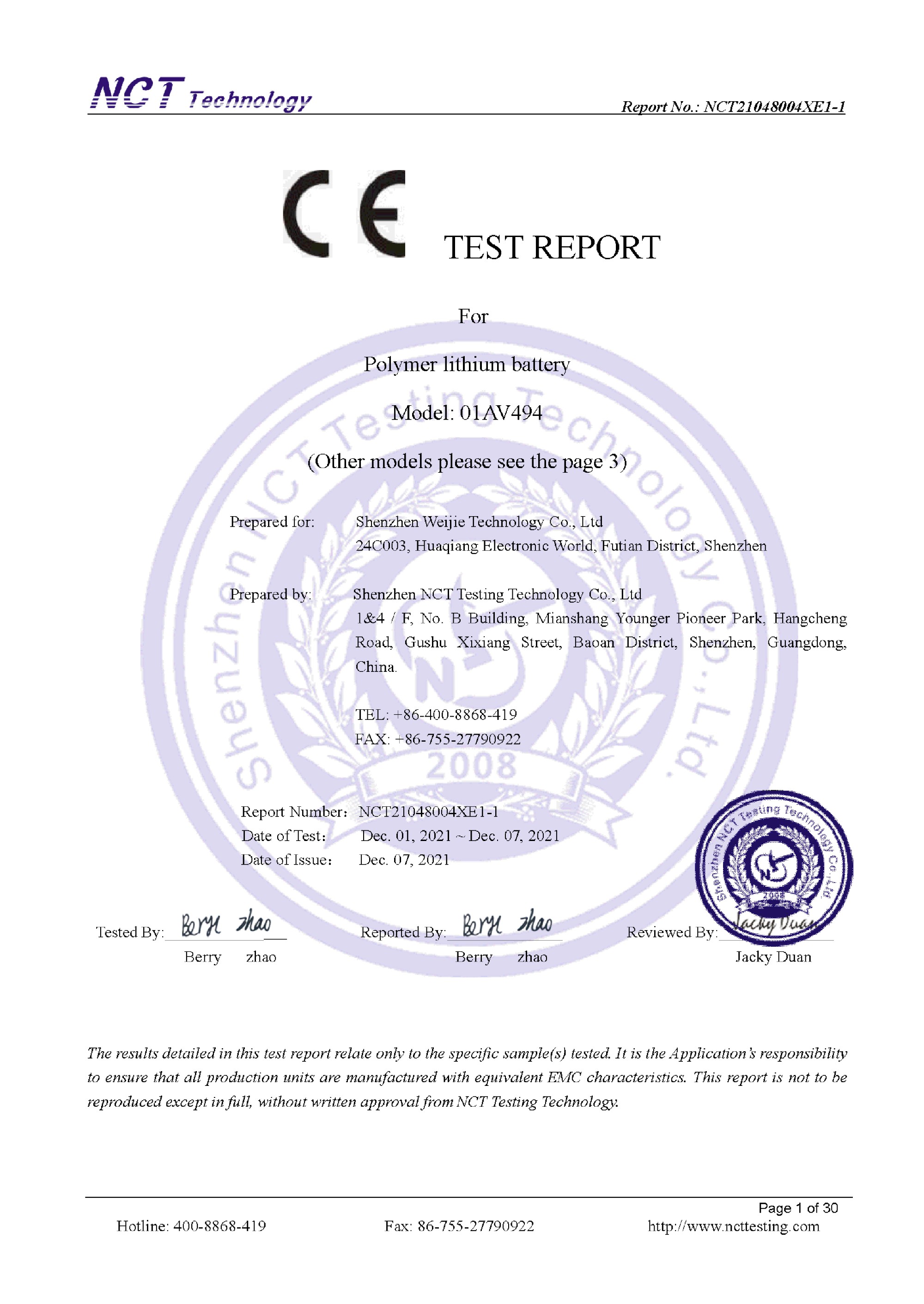 NCT21048004X Ƶ 01AV494 CE-EMC TEST REPORT